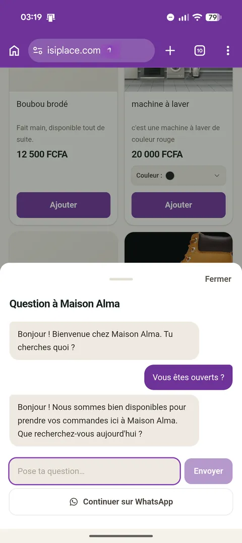 Sur le site de Maison Alma, l’assistant souhaite la bienvenue et répond à « Vous êtes ouverts ? »