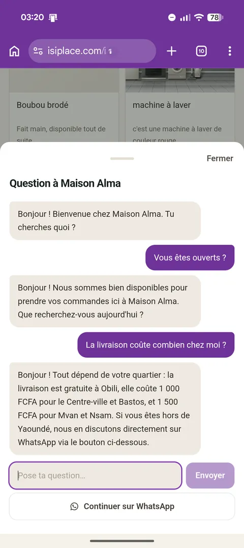 L’assistant détaille les frais de livraison quartier par quartier : gratuit à Obili, 1 000 FCFA au centre-ville, 1 500 FCFA à Mvan