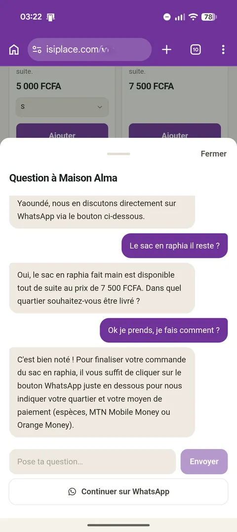 Le client écrit « Ok je prends, je fais comment ? » et l’assistant l’envoie finaliser sur WhatsApp