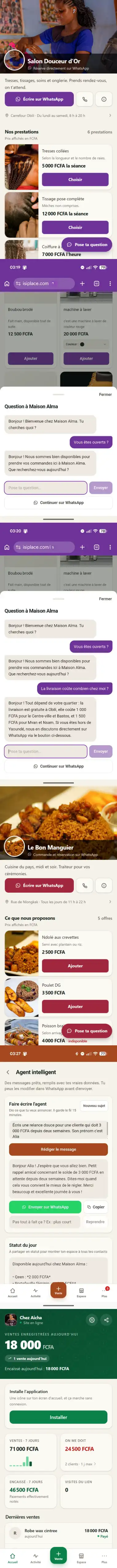 A hair salon’s site, the assistant welcoming a customer at 3 a.m. then giving delivery fees area by area, a restaurant’s site, a payment reminder written by the agent, and the seller’s book